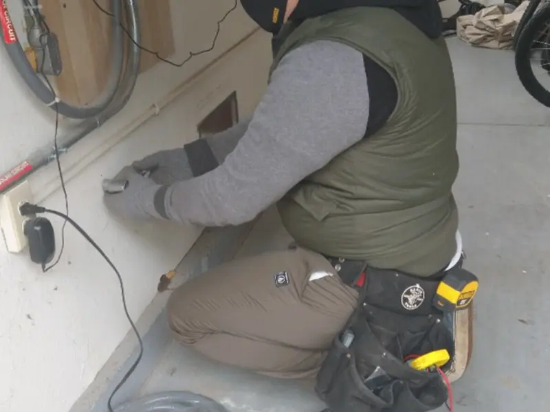Electrician performing outlet wiring in a Kansas City garage